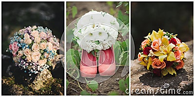 Collage of three photos of wedding bouquet Stock Photo