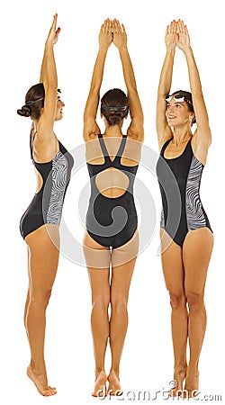 Collage three women swimmer in studio Stock Photo