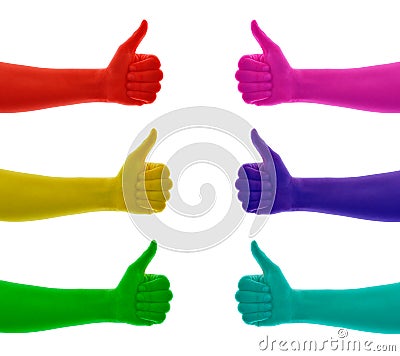 Collage of thumbs up hand colored on red, yellow, green, blue, cyan, pink, magenta Stock Photo