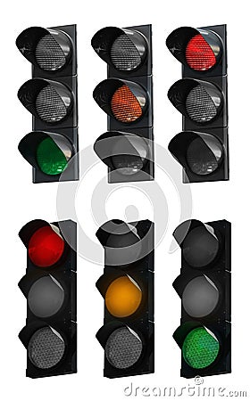 Collage of traffic signals with different glowing lights (red, orange, green) isolated on white Stock Photo