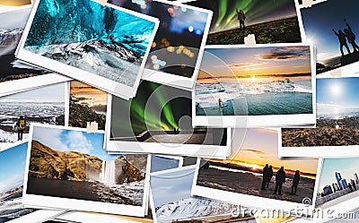 Collage of traveling picture photograph in Iceland, keeping best memories of happy day Stock Photo