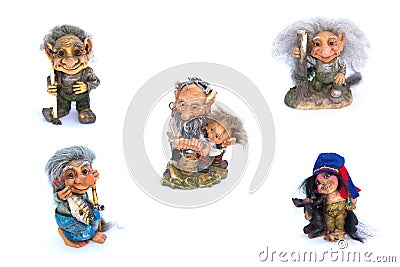 Collage of troll`s figurines on a white background Editorial Stock Photo