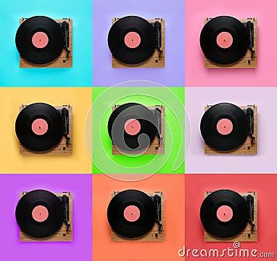 Collage of turntables with vinyl records on different color backgrounds, top view Stock Photo