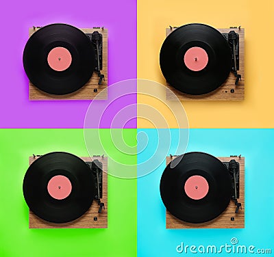 Collage of turntables with vinyl records on different color backgrounds, top view Stock Photo