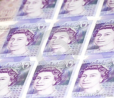 Collage of Twenty (20) Pounds Banknotes Editorial Stock Photo