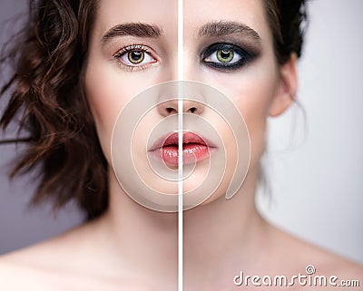 Collage of two photos. Closeup macro portrait of female face with nude makeup and violet - black smoky eyes beauty make-up Stock Photo