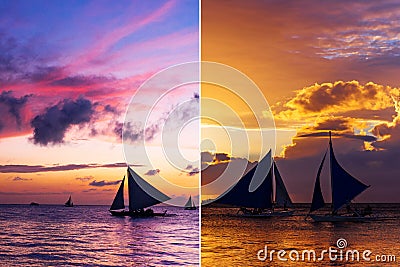 Collage of two vertical images with sailboats at sunset Editorial Stock Photo