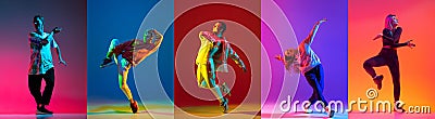 Collage. Two young active couple, boys and girls dancing contemp, hip hop isolated over multicolored backgroung in neon Stock Photo