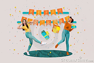 Collage of two young girls dance happy birthday party hang flags hold giftbox celebration listen music near isolated Stock Photo