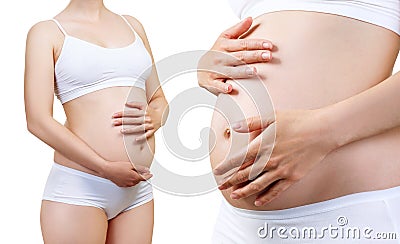 Collage of unrecognizable pregnant woman caress belly. Stock Photo