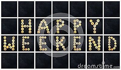 Collage of the uppercase letter - words HAPPY WEEKEND Stock Photo