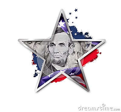 Collage of US Presidents portraits cut out of Dollar bills clipped mask in the shape of a star. Good for Happy Stock Photo