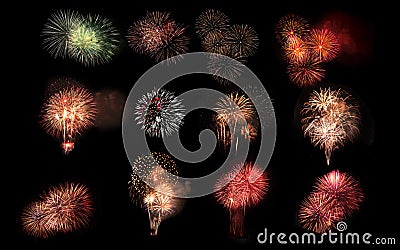 Collage of a variety of colorful fireworks isolated on black background Stock Photo