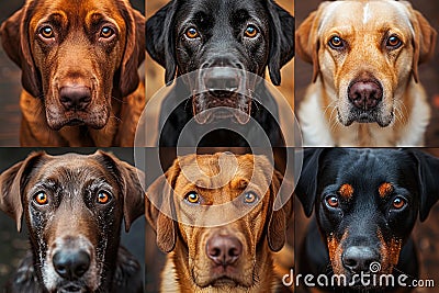 Collage of various dog breed heads in a detailed and captivating arrangement Stock Photo