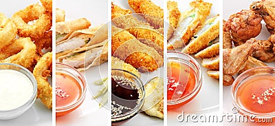 Collage of various fast food products on white background Stock Photo