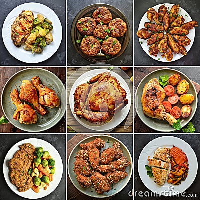 Collage of various food. Meat dishes. Meatballs, nuggets, chicken wings, chicken Stock Photo
