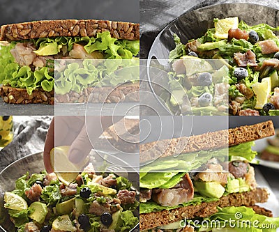 Collage of various food. Salad with fish, avocado and blueberries. Sandwich with lettuce and fish. Free space for text Stock Photo