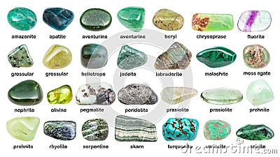 Collage of various green gemstones with names Stock Photo