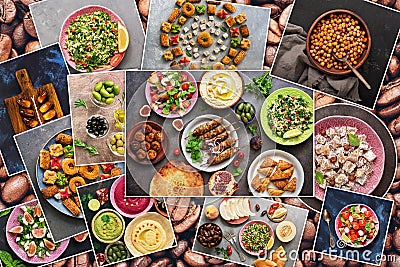 Collage of various traditional Arabic and Middle Eastern food. Collection of photos with Arab dishes. View from above Stock Photo