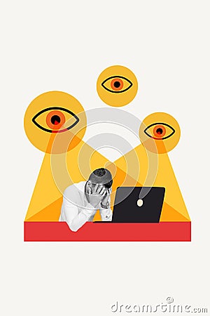 Collage vertical of depression irritated working man hands head hackers spying eyes looking his private files isolated Stock Photo