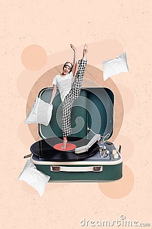 Collage vertical illustration picture image poster of crazy funky girl woke up late morning good mood isolated on Cartoon Illustration