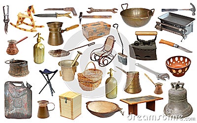 Collage with very old objects over white Stock Photo