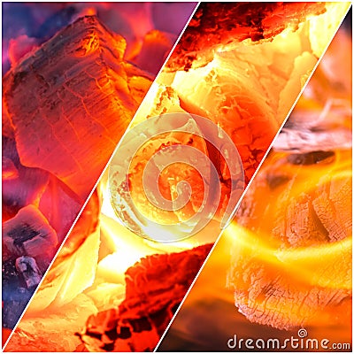 Collage views of open flame and glowing charcoal Stock Photo