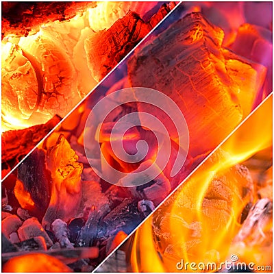 Collage views of open flame and glowing charcoal Stock Photo