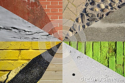 Collage wall and pavement background. Colorful different wall an Stock Photo