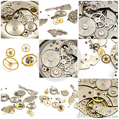 Collage. Watch and clock mechanism Stock Photo