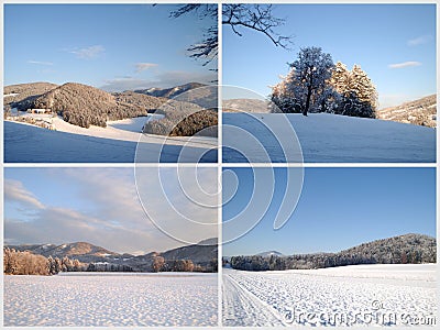 Collage winter wonderland in picturesque hill scenery with panorama view Stock Photo