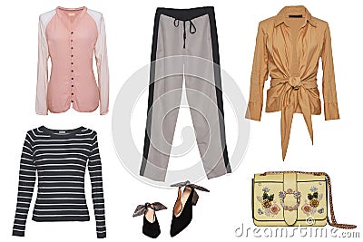 Collage woman clothes. Set of a stylish and trendy women blousescor shirts, a handbag, denim and jogging pants and other Stock Photo