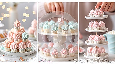 A collage of a woman decorating cupcakes on three different plates, AI Stock Photo