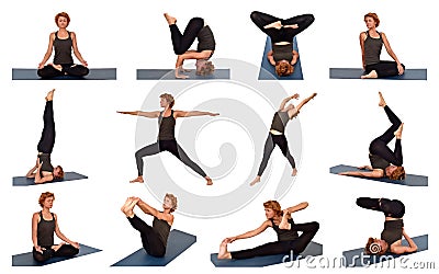 Collage: woman in different yoga poses Stock Photo
