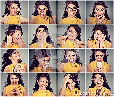 Collage of a woman expressing different emotions and feelings Stock Photo