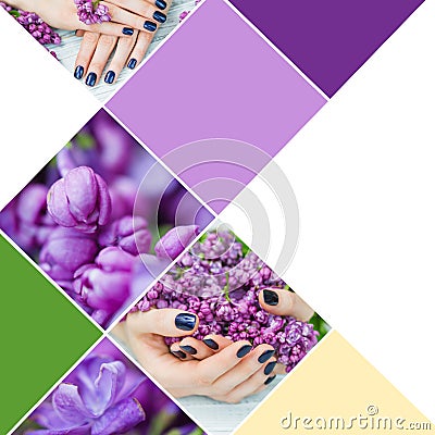 Collage woman hands with dark blue manicure Stock Photo