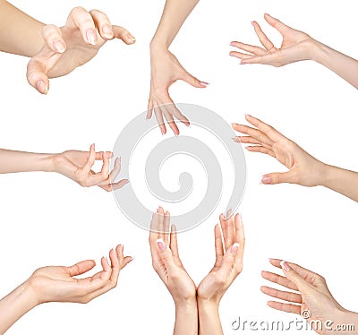 Collage of woman Hands gestures set, on white Stock Photo