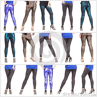 Collage woman's legs and buttocks clad in shimmering leggin Stock Photo