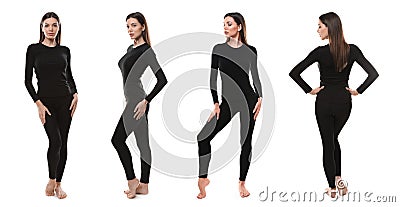 Collage of woman wearing thermal underwear on white Stock Photo