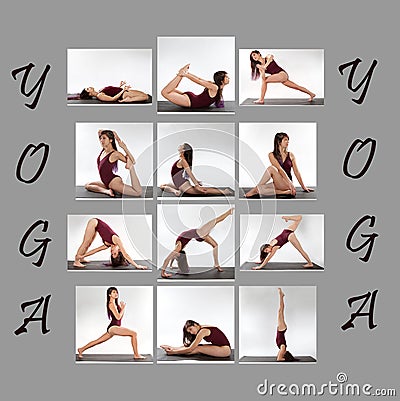 Collage of Woman in Yoga Poses Stock Photo
