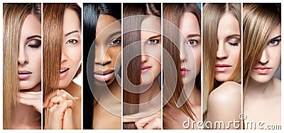 Collage of women with various hair color, skin tone and complexion Stock Photo