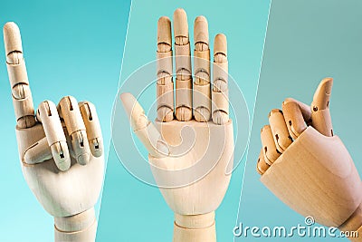 Collage of wooden hands with various gestures close-up. Conceptual hand gestur Stock Photo