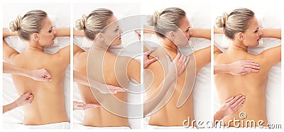 Collage with young and healthy woman relaxing in spa salon. Girl getting traditional oriental aroma therapy and Stock Photo