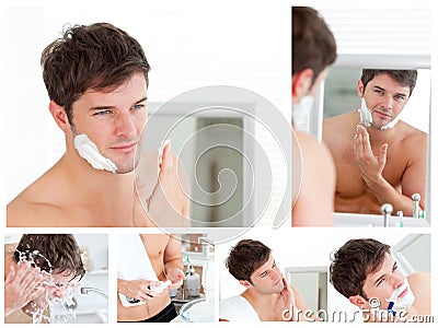 Collage of a young man shaving Stock Photo