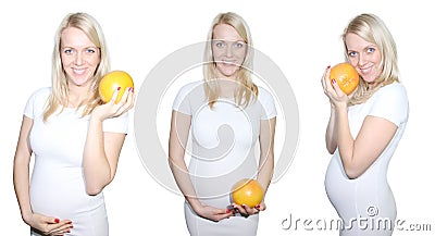 Collage Young Petty Natual Beauty Pregnant Woman Holding Grapefruit and Shows a Belly That Begins to Grow Isolated on White Backgr Stock Photo