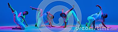 Collage. Young stylish girl, contemp dancer in motion, dancing isolated over blue background in neon light Stock Photo