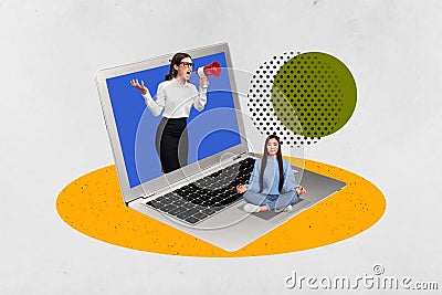 Collage young two girl sitting meditating find harmony retreat peaceful shouting businesswoman loudspeaker proclaim Stock Photo