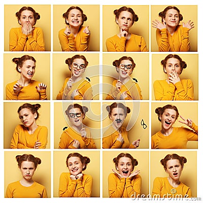 Collage of young woman different facial expressions Stock Photo