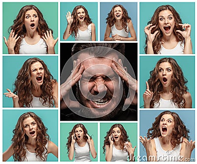 The collage of young woman and male emotions Stock Photo