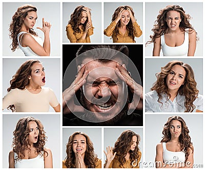 The collage of young woman and male emotions Stock Photo